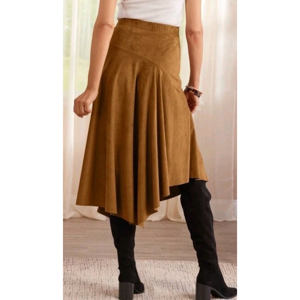 Soft Surroundings Inverness Faux Suede Midi‎ Skirt Saddle Brown Womens Small